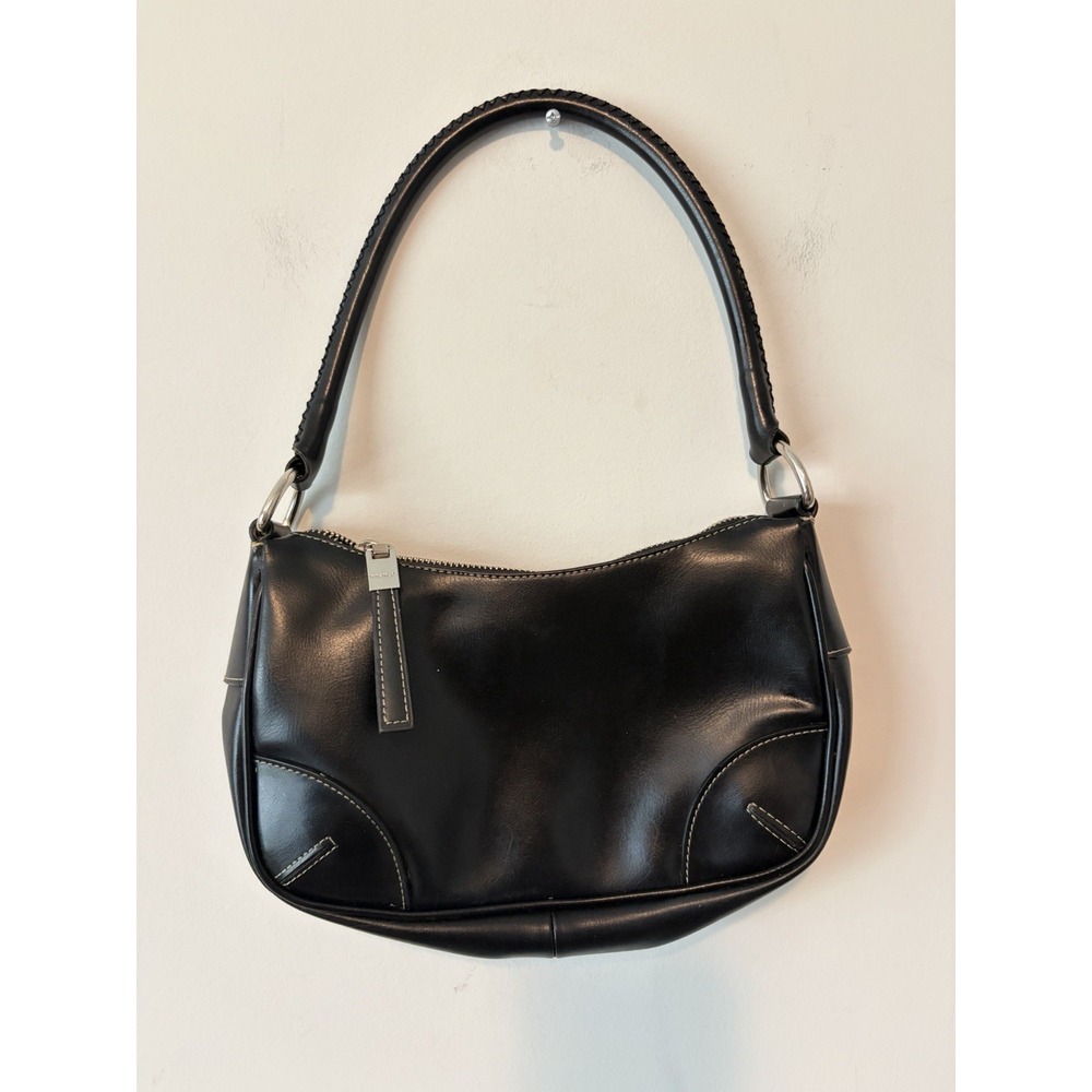 Vintage Nine West Black Leather Shoulder Bag Y2K Minimalist Goth Grunge Style‎